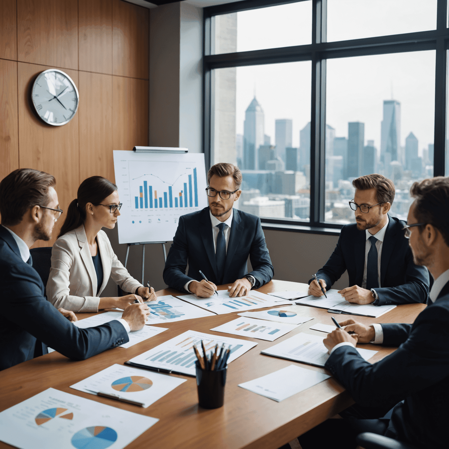 A team of professional management consultants discussing business strategy over a conference table, with charts and graphs visible