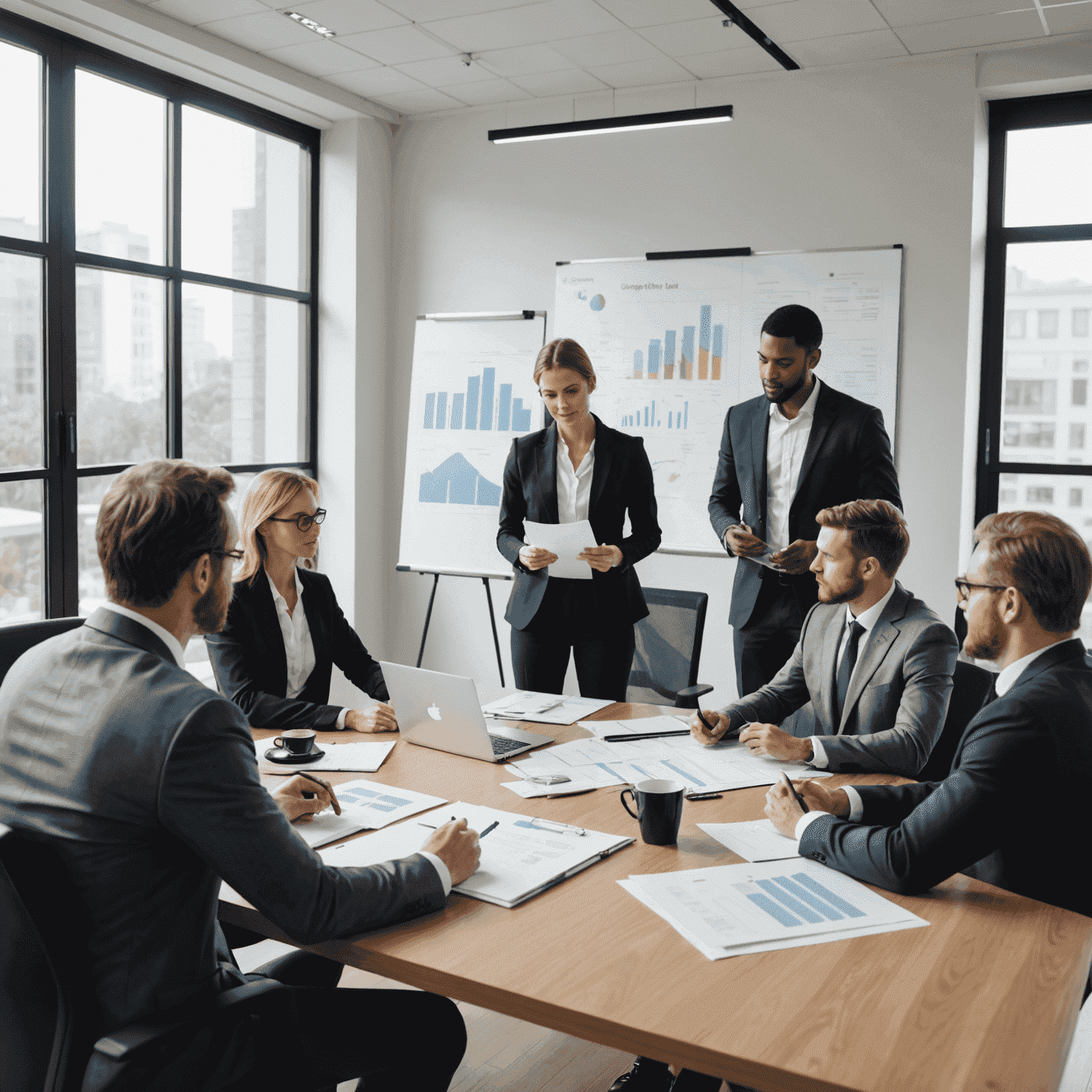 A group of business professionals gathered around a conference table, engaged in strategic planning discussions. Papers, laptops and charts are visible on the table.