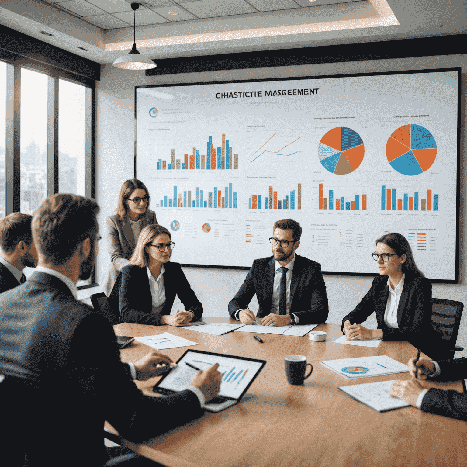 A team of professionals discussing change management strategies around a conference table, with charts and graphs on a screen in the background