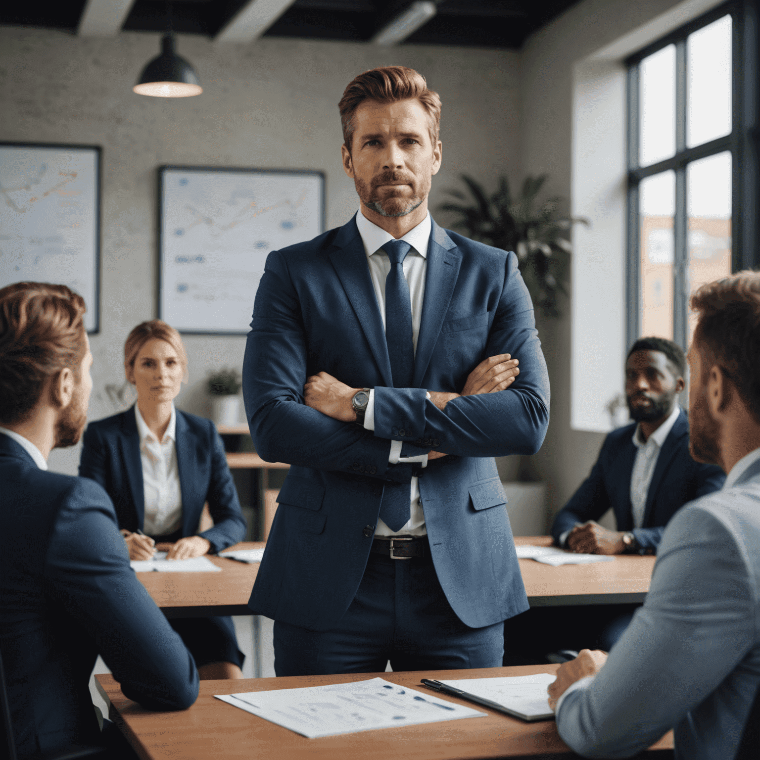 A confident business leader standing in front of their team, inspiring them with a motivational speech