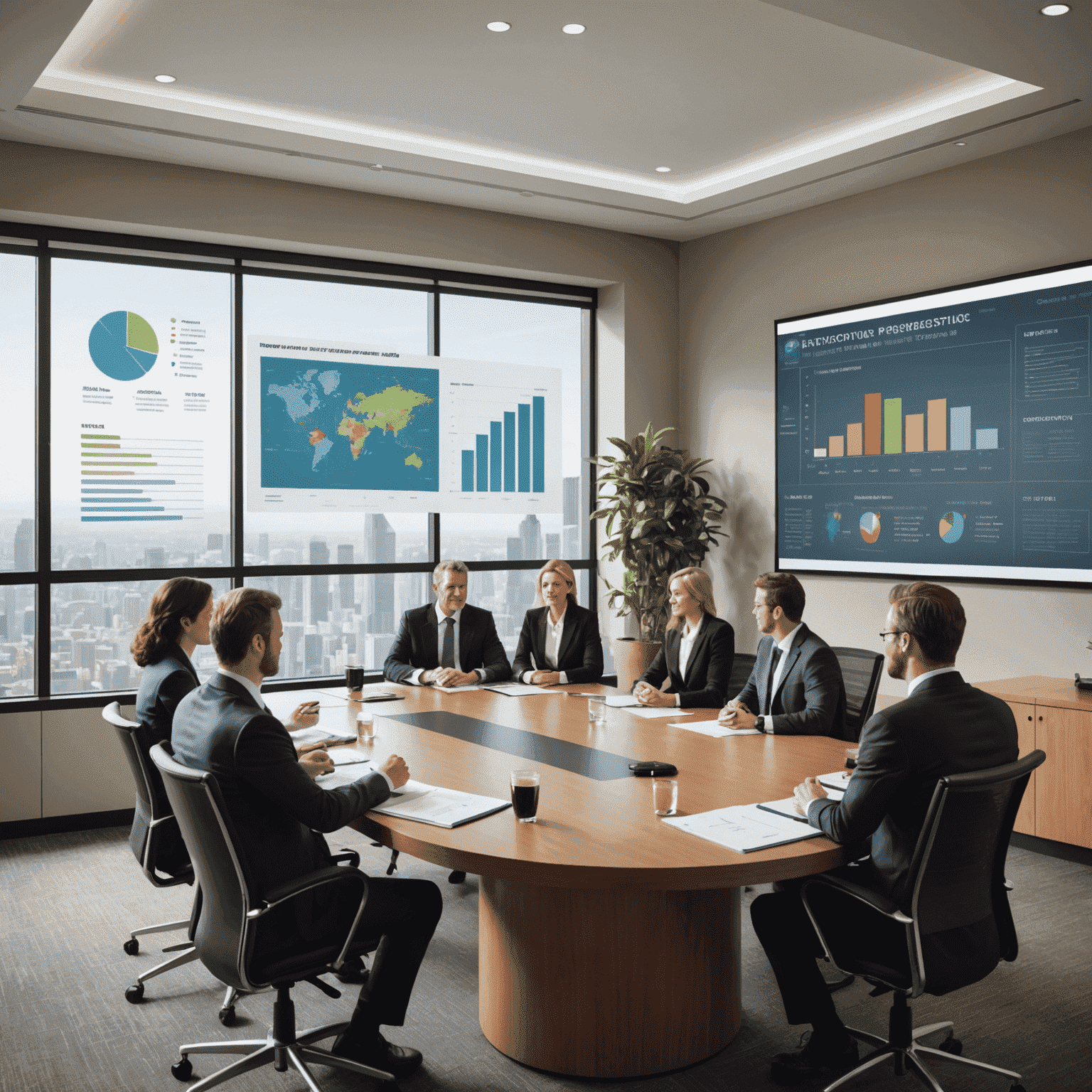 A group of business professionals gathered around a conference table, discussing a strategic plan displayed on a large screen. The plan includes financial projections, market analysis, and a SWOT diagram.