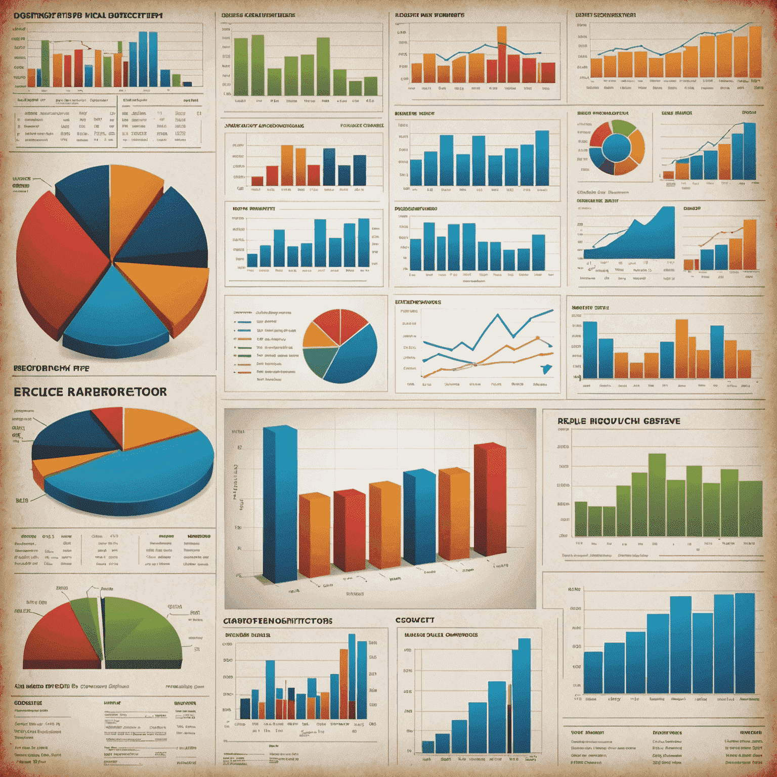 A collage of various financial charts and graphs, including line graphs showing revenue growth, pie charts depicting market share, and bar graphs comparing key performance indicators.