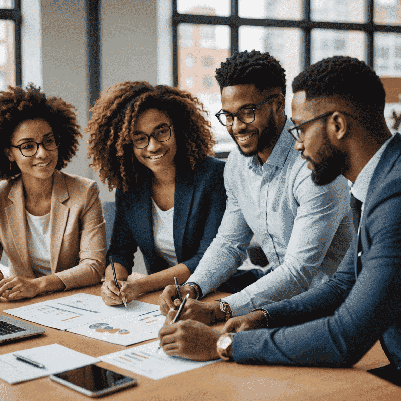 A team of diverse professionals collaborating on a project, looking engaged and motivated