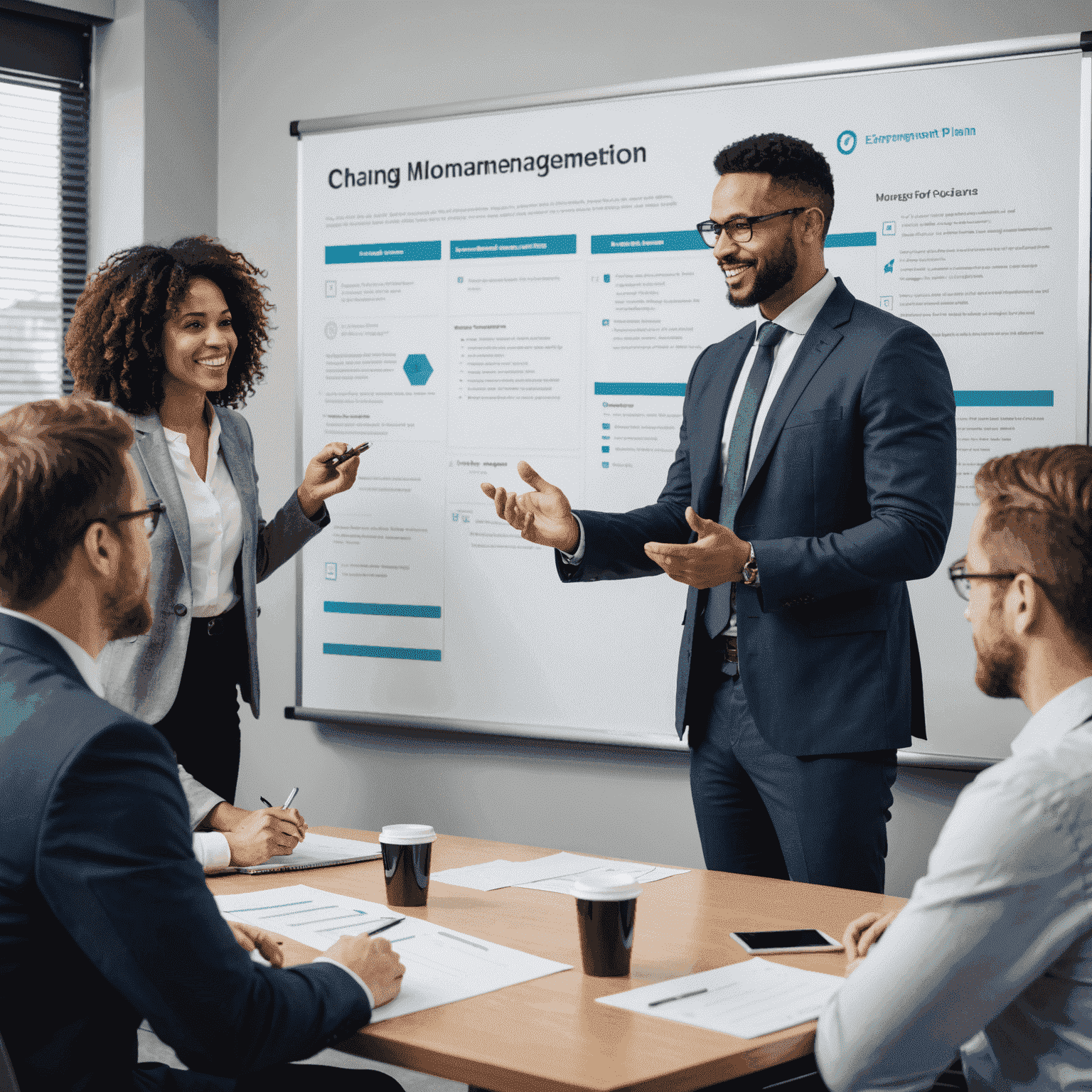 A team leader presenting a change management plan to employees, emphasizing open communication and collaboration. The presentation includes a timeline, key milestones, and a list of resources available to support the transition.